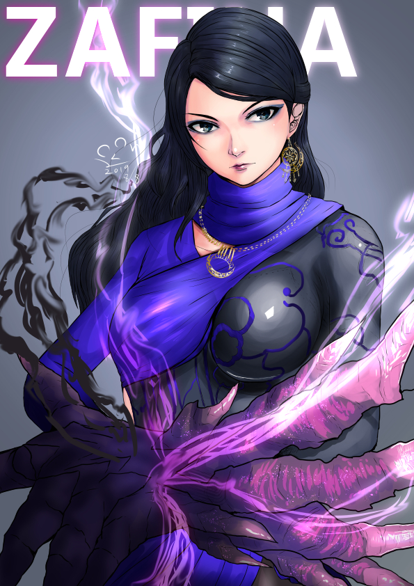1girl, aura, bangs, black_bodysuit, black_hair, bodysuit, breasts, character_name