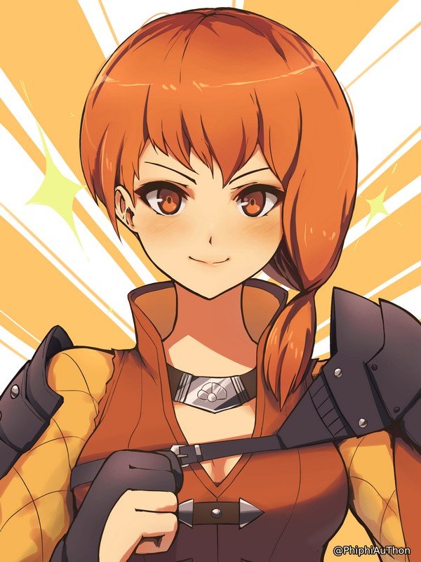 1girl, closed_mouth, fire_emblem, fire_emblem:_three_houses, leonie_pinelli, low_ponytail, medium_hair, orange_eyes
