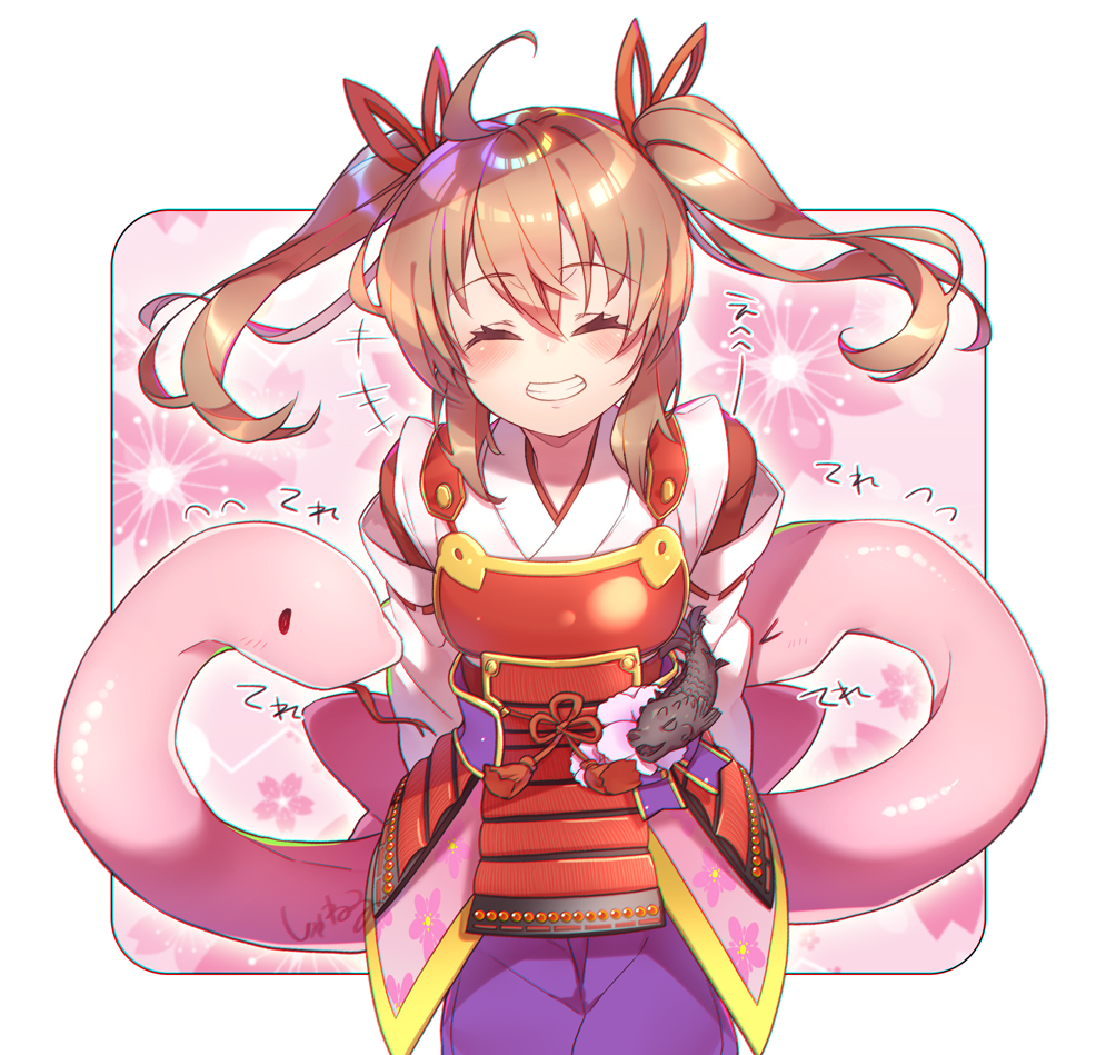+++, 1girl, ahoge, armor, arms_behind_back, blush, brown_hair, closed_eyes