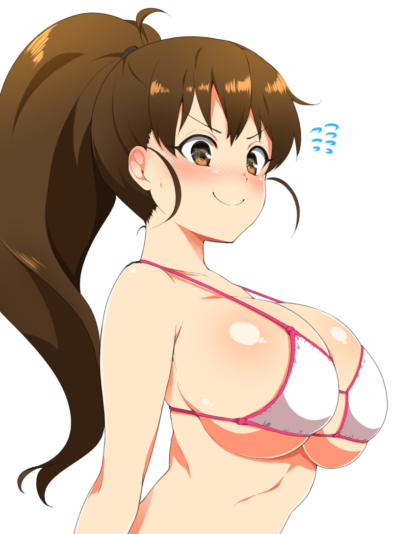 1girl, arched_back, arms_at_sides, bangs, bare_arms, bare_shoulders, bikini, blush