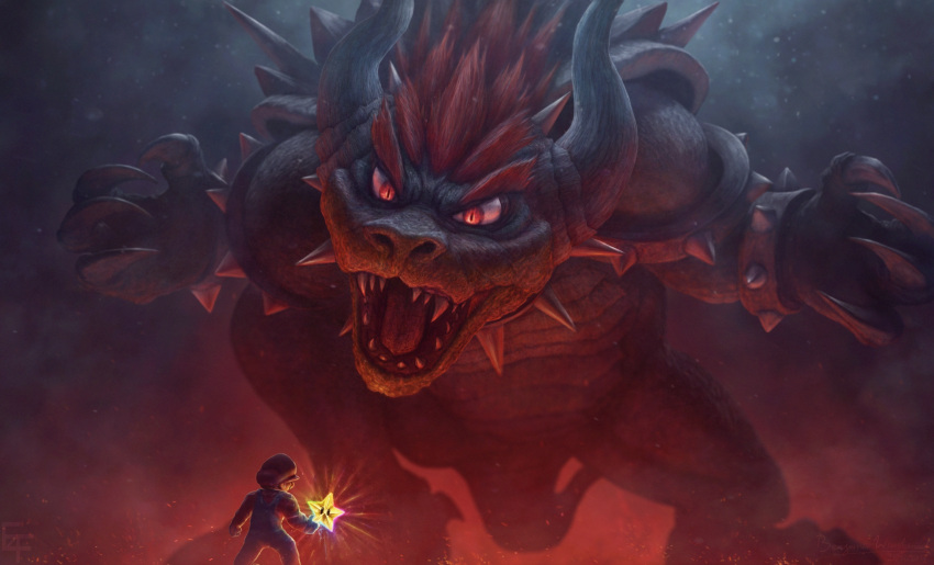 2boys, battle, bowser, bracelet, claws, collar, dark, demon_horns