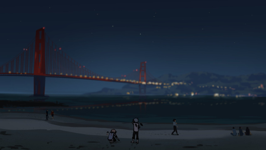 barefoot, bat_wings, beach, black_pants, blue_shirt, blurry, blurry_background, bridge
