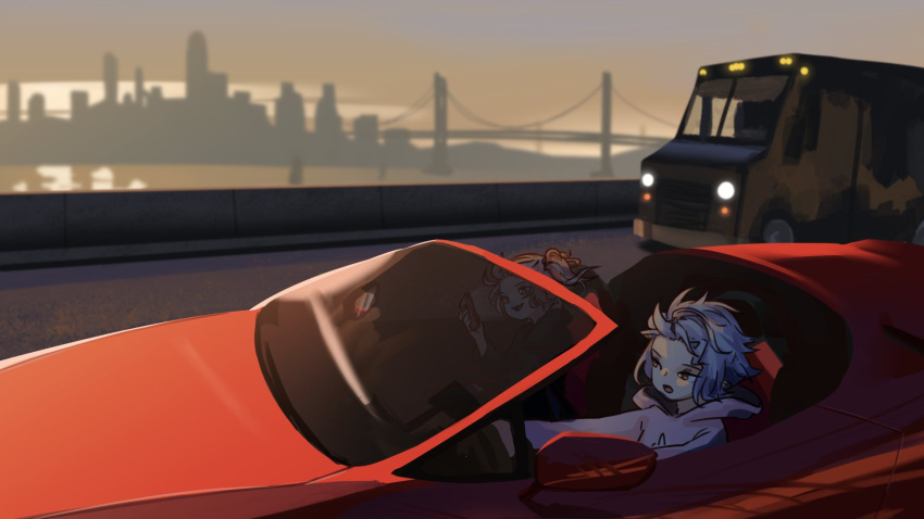 blonde_hair, blue_hair, bridge, california, car, casual, cellphone, contemporary