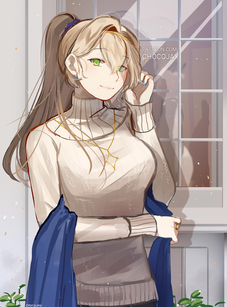 1girl, alternate_costume, artist_name, blue_earrings, blue_nails, brown_sweater, chocojax, contemporary, diene_(epic7), epic7, glint, green_eyes, hairband, hand_up, highres, jewelry, light_brown_hair, long_hair, long_sleeves, looking_at_viewer, necklace, ponytail, reflection, ring, sketch, smile, standing, sweater, turtleneck, turtleneck_sweater, very_long_hair, watermark, web_address, window, yellow_hairband