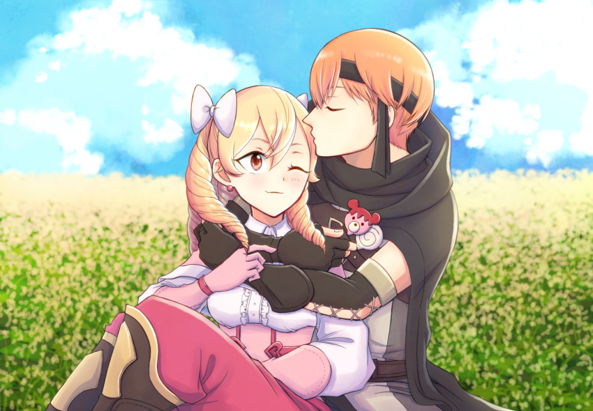 1boy, 1girl, artist_request, blonde_hair, blue_sky, bow, brown_hair, candy