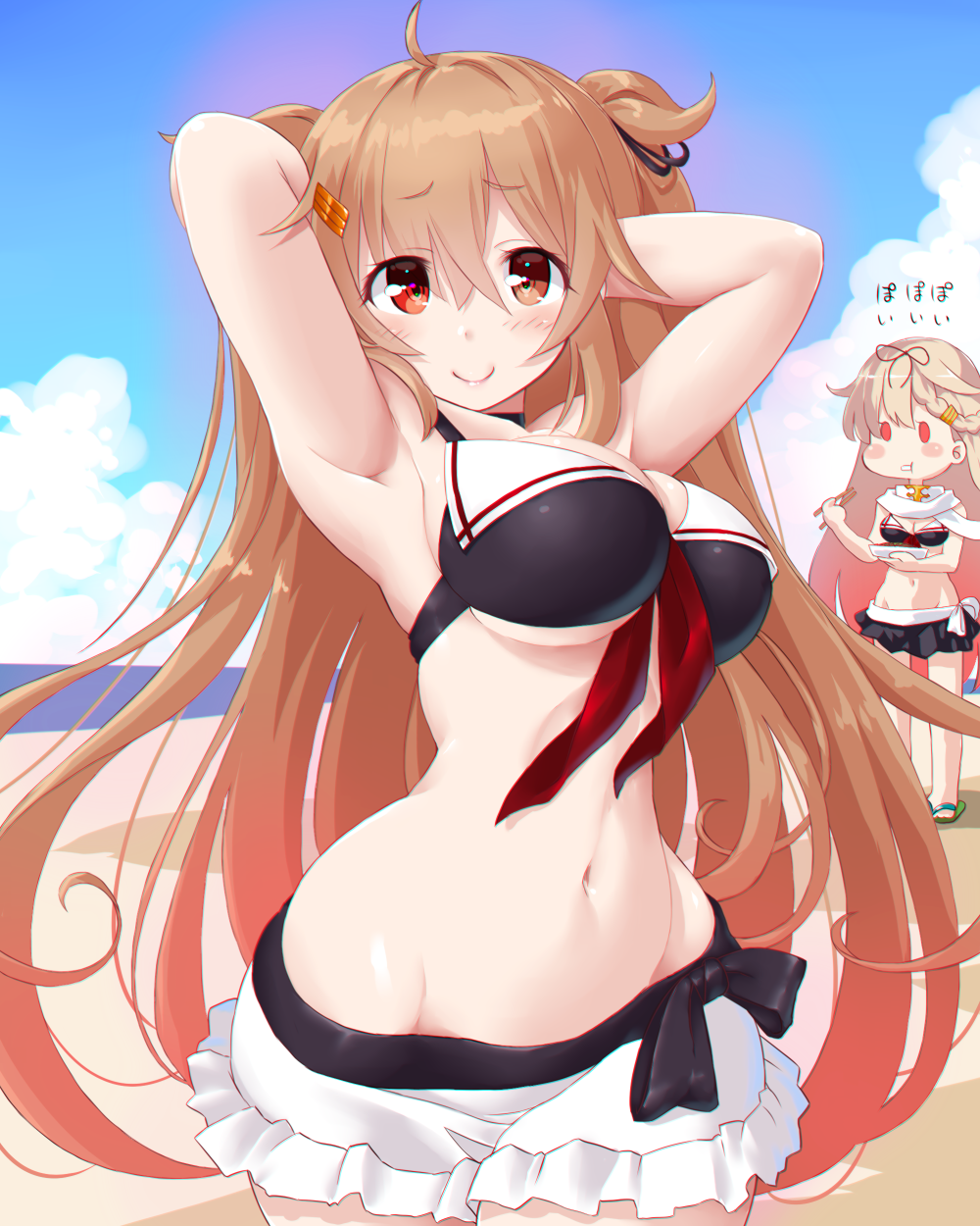 0_0, 2girls, armpits, arms_behind_head, beach, bikini_skirt, black_bikini_bottom, blush