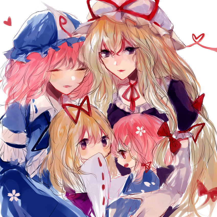 4girls, :d, arm_garter, bangs, blonde_hair, blue_dress, blue_headwear, blush, bow, choker, closed_eyes, dress, elbow_gloves, gloves, hair_between_eyes, hair_bow, hair_ribbon, hat, hat_ribbon, heart, heart_of_string, highres, hu_su, if_they_mated, long_hair, long_sleeves, looking_at_viewer, mob_cap, mother_and_daughter, multiple_girls, open_mouth, parted_lips, pink_hair, profile, purple_dress, red_bow, red_choker, red_ribbon, ribbon, ribbon-trimmed_collar, ribbon-trimmed_sleeves, ribbon_choker, ribbon_trim, saigyouji_yuyuko, short_hair, simple_background, smile, touhou, triangular_headpiece, upper_body, very_long_hair, violet_eyes, white_background, white_gloves, white_headwear, wide_sleeves, wife_and_wife, yakumo_yukari, yuri