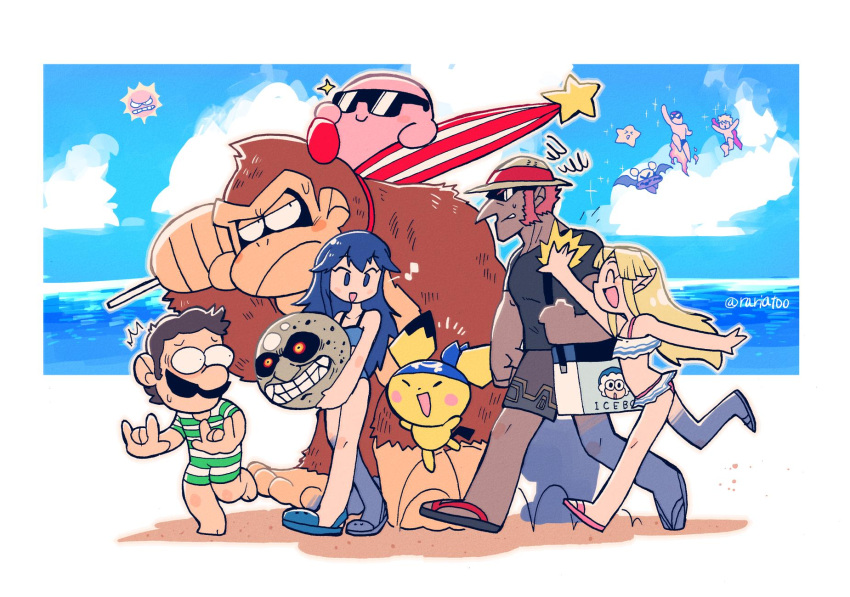 2girls, 4boys, 5others, angry_sun, animal, ape, baby_pokemon, bandana