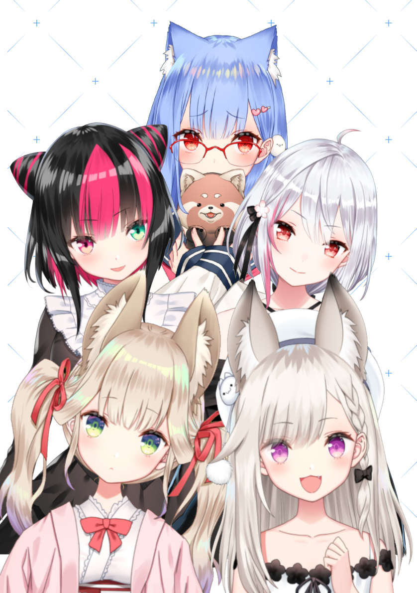 5girls, :d, ahoge, animal, animal_ear_fluff, animal_ears, animal_hug, bare_shoulders, beret, black_dress, black_hair, blue_hair, blush, braid, closed_mouth, collarbone, commentary_request, covered_mouth, dress, fang, flower, glasses, green_eyes, hair_flower, hair_ornament, hair_ribbon, hairclip, hand_up, hat, heart, heart_hair_ornament, heterochromia, japanese_clothes, kamiki_hasami, kimono, kinu_channel, kuroki_aria, light_brown_hair, long_hair, multicolored_hair, multiple_girls, open_clothes, open_mouth, over-rim_eyewear, parted_lips, pink_flower, pink_hair, raccoon, red-framed_eyewear, red_eyes, red_ribbon, ribbon, sakaki_tsuneko, semi-rimless_eyewear, shikai_yue, shiromiya_mimi, silver_hair, simple_background, sleeveless, sleeveless_dress, smile, streaked_hair, twintails, violet_eyes, virtual_youtuber, white_background, white_dress, white_headwear, white_kimono, yasuyuki