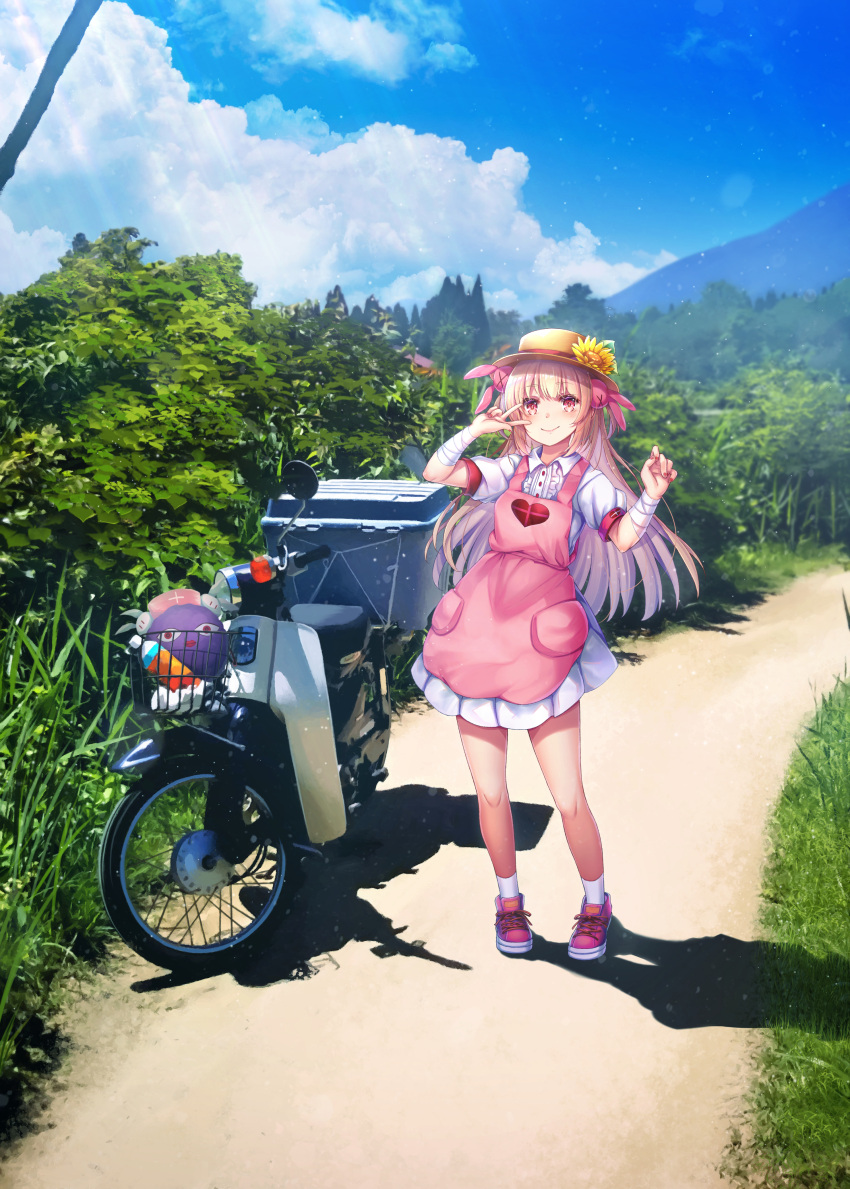 >_<, 1girl, absurdres, apron, armband, bandaged_arm, bandages, blue_sky