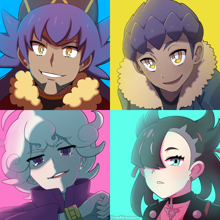 1girl, 3boys, aqua_eyes, beet_(pokemon), black_hair, curly_hair, dande_(pokemon), dark_skin