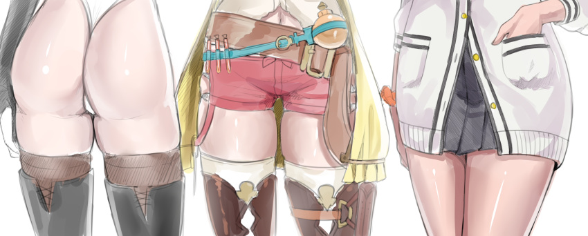 3girls, ass, atelier_(series), atelier_ryza, black_legwear, boots, cardigan, highres