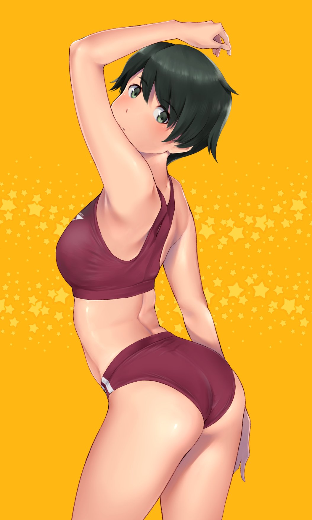 1girl, alternate_costume, arched_back, arm_up, armpits, ass, bangs, blush