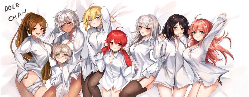 6+girls, absurdres, artist_name, bandage_on_face, bed, black_eyes, black_hair, black_legwear