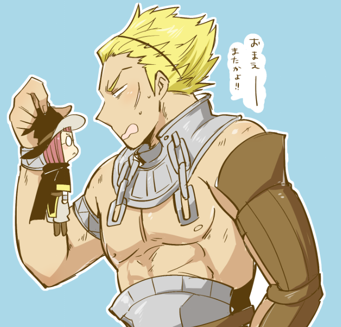 1boy, 1girl, abs, armor, blonde_hair, cape, chain, collar, fire_emblem, fire_emblem_awakening, glasses, hat, minigirl, miriel_(fire_emblem), redhead, short_hair, shougayaki_(kabayaki_3), spiky_hair, translated, vaike_(fire_emblem), witch_hat