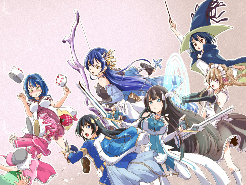 4girls, ascii_media_works, bangs, black_hair, blue_eyes, blue_hair, bow, brown_eyes, bushiroad, commentary_request, crossover, detached_sleeves, dogakobo, elf, feel_(studio), furutani_himawari, green_eyes, hair_between_eyes, hair_ornament, hair_rings, hairband, ichijinsha, j.c._staff, jacket, kagura_hikari, kodansh, long_hair, long_sleeves, love_live!, love_live!_school_idol_project, maid, maid_headdress, mimori_suzuko, multiple_crossover, multiple_girls, myucel_foalan, open_mouth, outbreak_company, pink_bow, pink_hair, pointy_ears, seiyuu_connection, sherlock_shellingford, shoujo_kageki_revue_starlight, smile, sonoda_umi, sunrise_(studio), tantei_opera_milky_holmes, tbs, tokyo_mx, tougou_mimori, twintails, urutsu_sahari, very_long_hair, weapon, what, yellow_eyes, yuru_yuri, yuuki_yuuna_wa_yuusha_de_aru, yuusha_de_aru