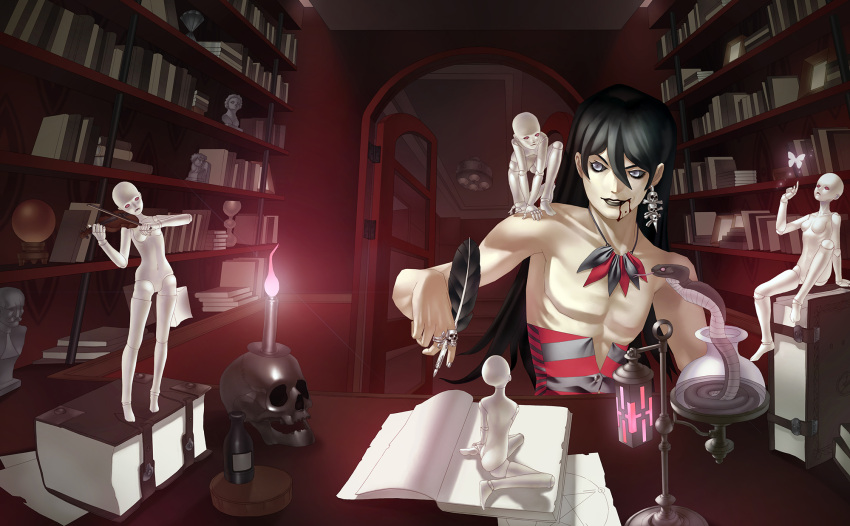 1boy, black_hair, black_sclera, blood, blood_from_mouth, book, bookshelf, bug