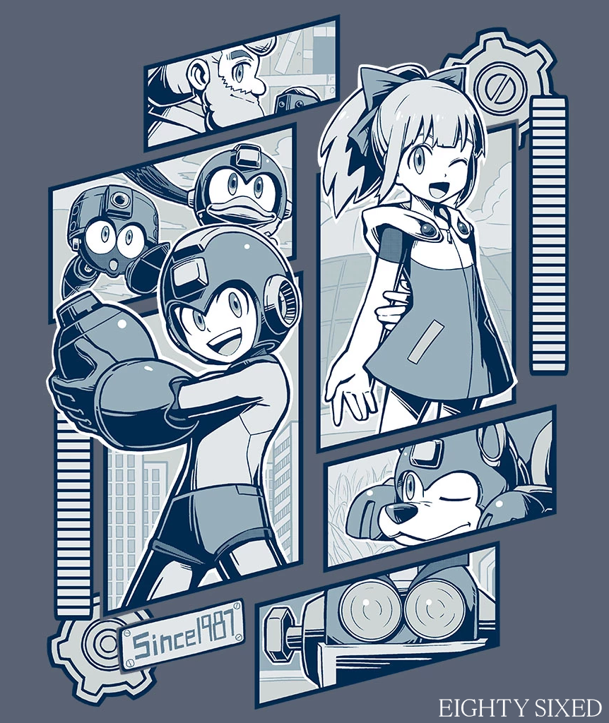 1girl, 2boys, arm_behind_back, arm_cannon, beard, beat_(mega_man), beat_(rockman), bird