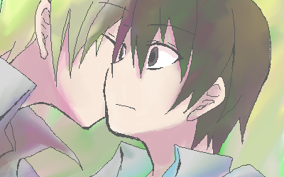 bau_(sky_pizz), blonde_hair, brown_eyes, brown_hair, higurashi_no_naku_koro_ni, houjou_satoshi, kiss, lowres, maebara_keiichi, male, secret, whispering, yaoi