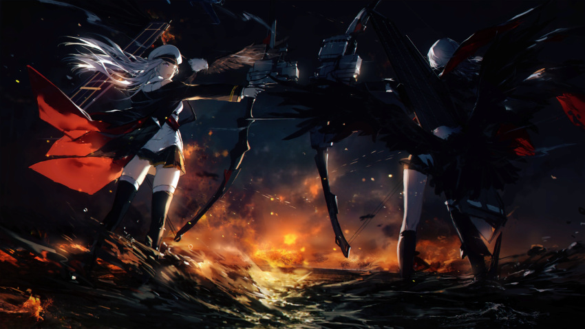 2girls, animal, azur_lane, bald_eagle, bare_shoulders, bird, black_coat, black_footwear