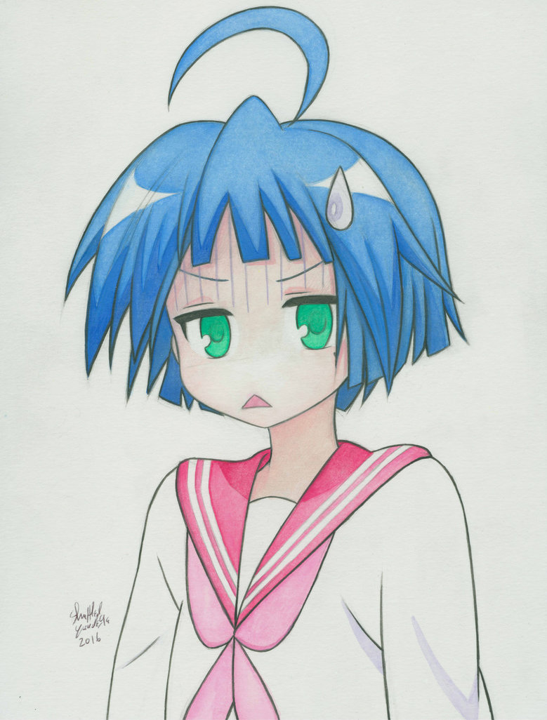 1girl, :<, ahoge, alternate_hair_length, alternate_hairstyle, blue_hair, green_eyes, huge_ahoge