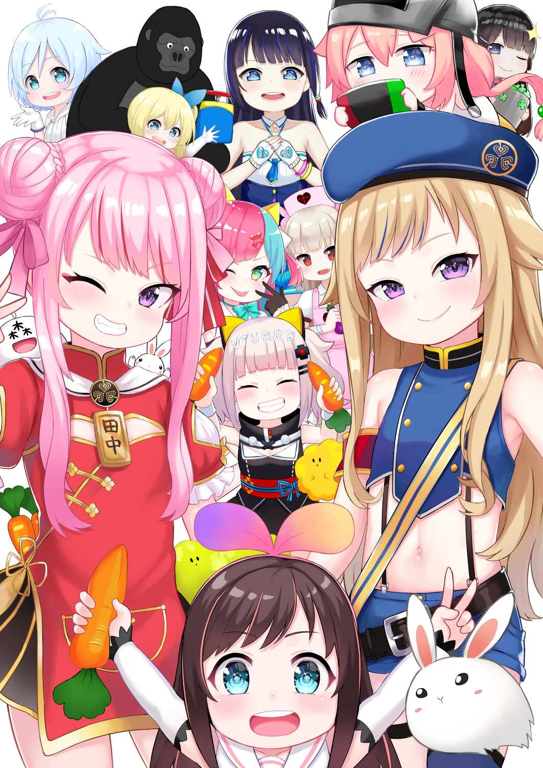 6+girls, :d, ;p, \o/, ^_^, a.i._channel, animal, apron, arm_up, arms_up, atg_(wttoo0202), bandaged_arm, bandages, bangs, bare_arms, bare_shoulders, belt, belt_buckle, beret, black_belt, black_dress, black_gloves, black_hair, blonde_hair, blue_eyes, blue_hair, blue_headwear, blue_ribbon, blue_shirt, blue_shorts, blunt_bangs, blush, bow, braid, breasts, brown_hair, buckle, carrot, chibi, china_dress, chinese_clothes, closed_eyes, closed_mouth, clover, collar, collared_shirt, copyright_request, crossover, dennou_shoujo_youtuber_shiro, detached_collar, detached_sleeves, double_bun, dress, eggplant, eyebrows_visible_through_hair, fang, fingerless_gloves, food, four-leaf_clover, gloves, gorilla, green_eyes, grey_headwear, grin, hair_between_eyes, hair_bow, hair_ornament, hair_ribbon, hairclip, half_gloves, hat, helmet, highres, himehina_channel, hinata_channel, holding, holding_food, holding_handheld_game_console, holding_pot, kaguya_luna, kizuna_ai, light_brown_hair, long_hair, long_sleeves, midriff, mirai_akari, mirai_akari_project, multicolored_hair, multiple_crossover, multiple_girls, natori_sana, navel, nekomiya_hinata, nijisanji, nintendo_switch, nurse_cap, obi, one_eye_closed, open_mouth, outstretched_arms, pink_apron, pink_bow, pink_hair, pink_headwear, pinky_pop_hepburn, pot, puffy_short_sleeves, puffy_sleeves, rabbit, red_dress, red_eyes, ribbon, sailor_collar, sana_channel, sash, shiro_(dennou_shoujo_youtuber_shiro), shirt, short_shorts, short_sleeves, shorts, side_ponytail, sidelocks, silver_hair, simple_background, sleeveless, sleeveless_dress, sleeveless_shirt, small_breasts, smile, sparkle, star, streaked_hair, suzuki_hina, tanaka_hime, the_moon_studio, tongue, tongue_out, tsukino_mito, twintails, two-tone_hair, v, v-shaped_eyebrows, very_long_hair, violet_eyes, virtual_gorilla, virtual_gorilla_(character), virtual_youtuber, white_background, white_collar, white_gloves, white_sailor_collar, white_shirt, white_sleeves