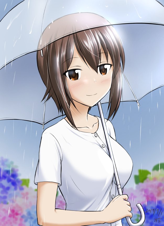 1girl, artist_name, bangs, blush, brown_eyes, brown_hair, closed_mouth, commentary
