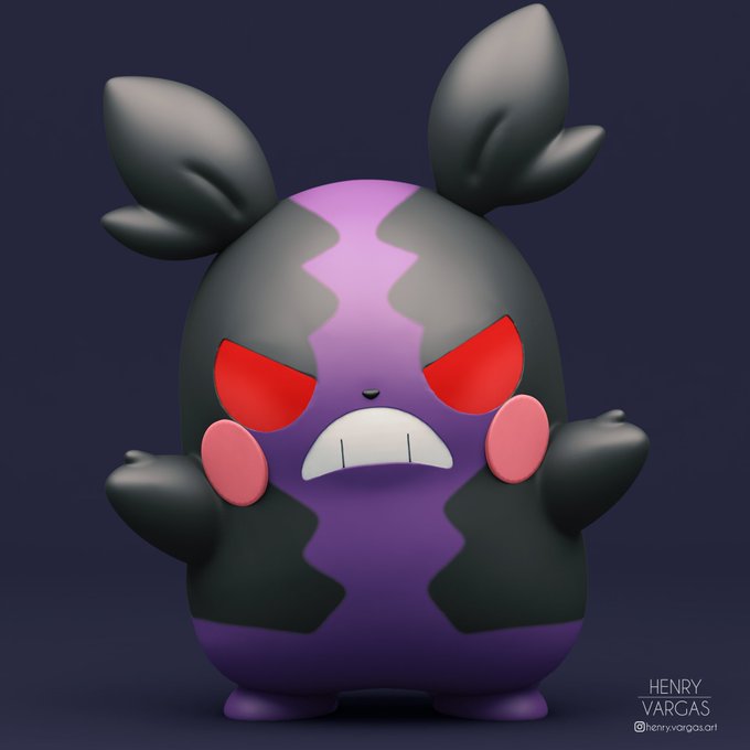 3d, artist_name, black_fur, dark_persona, gen_8_pokemon, henry_vargas, morpeko, morpeko_(hangry), no_humans, no_pupils, pokemon_(creature), pokemon_(game), pokemon_swsh, purple_background, purple_fur, red_eyes, scowl, tumblr_username, twitter_username