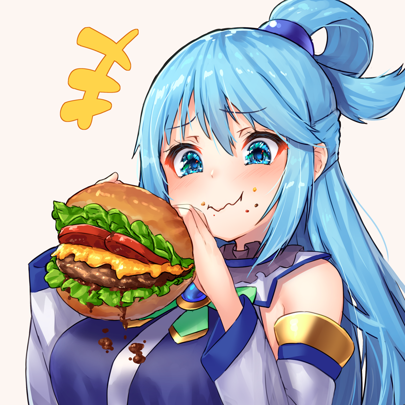 1girl, aqua_(konosuba), blue_dress, blue_eyes, blue_hair, blush, breasts, cheese
