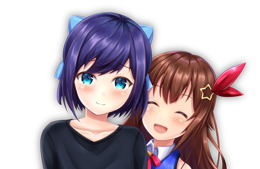 2girls, absurdres, bangs, black-framed_eyewear, black_shirt, blue_eyes, blue_hair, blush