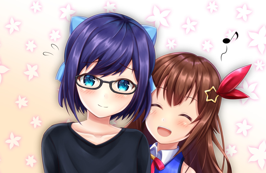 2girls, absurdres, bangs, black-framed_eyewear, black_shirt, blue_eyes, blue_hair, blush