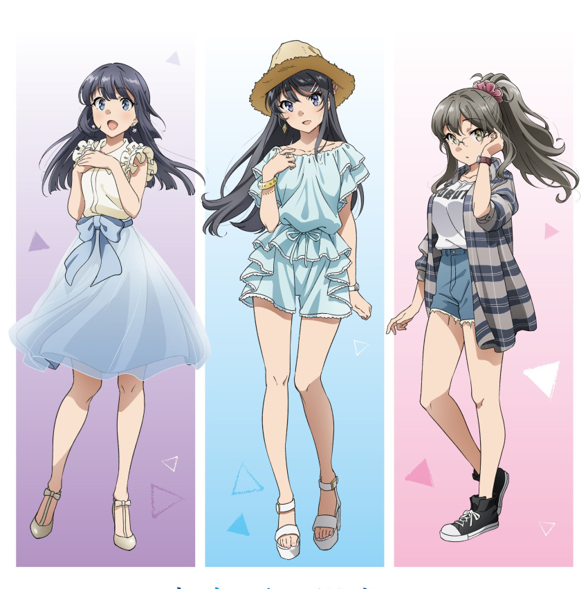 3girls, absurdres, blue_dress, dress, feet, futaba_rio, highres, long_hair