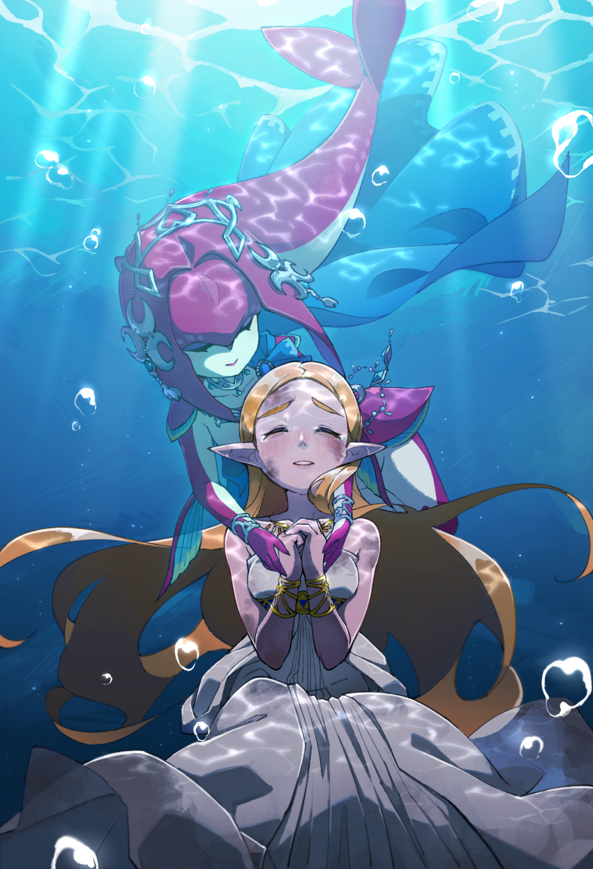2girls, absurdres, bare_shoulders, blonde_hair, bracelet, bubble, cape, closed_eyes