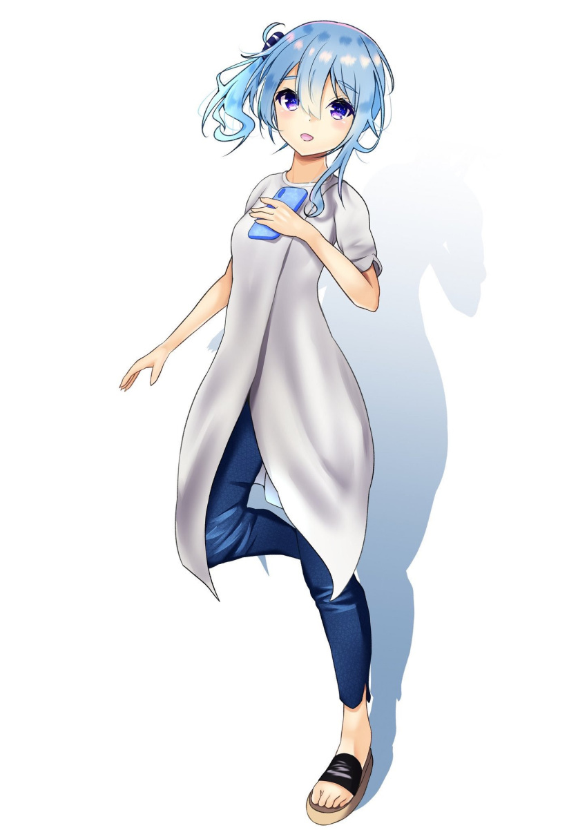 1girl, aliceindollland, alternate_costume, bangs, blue_hair, blue_pants, cellphone, eyebrows_visible_through_hair, feet, full_body, hair_ornament, highres, holding, holding_phone, hololive, hoshimachi_suisei, looking_at_viewer, medium_hair, one_side_up, open_mouth, pants, phone, sandals, shadow, solo, standing, tagme, tied_hair, toes, violet_eyes, virtual_youtuber, white_background, white_sleeves