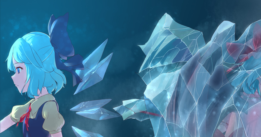 2girls, absurdres, bangs, bat_wings, blue_background, blue_bow, blue_dress, blue_eyes
