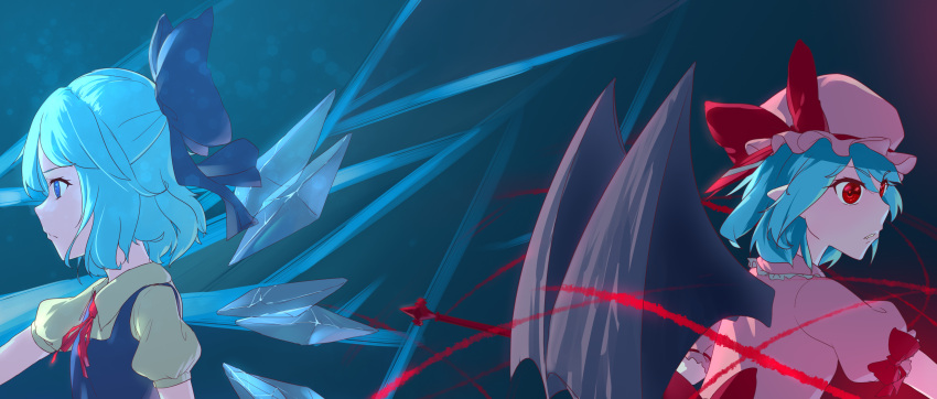 2girls, absurdres, bangs, bat_wings, blue_background, blue_bow, blue_dress, blue_eyes