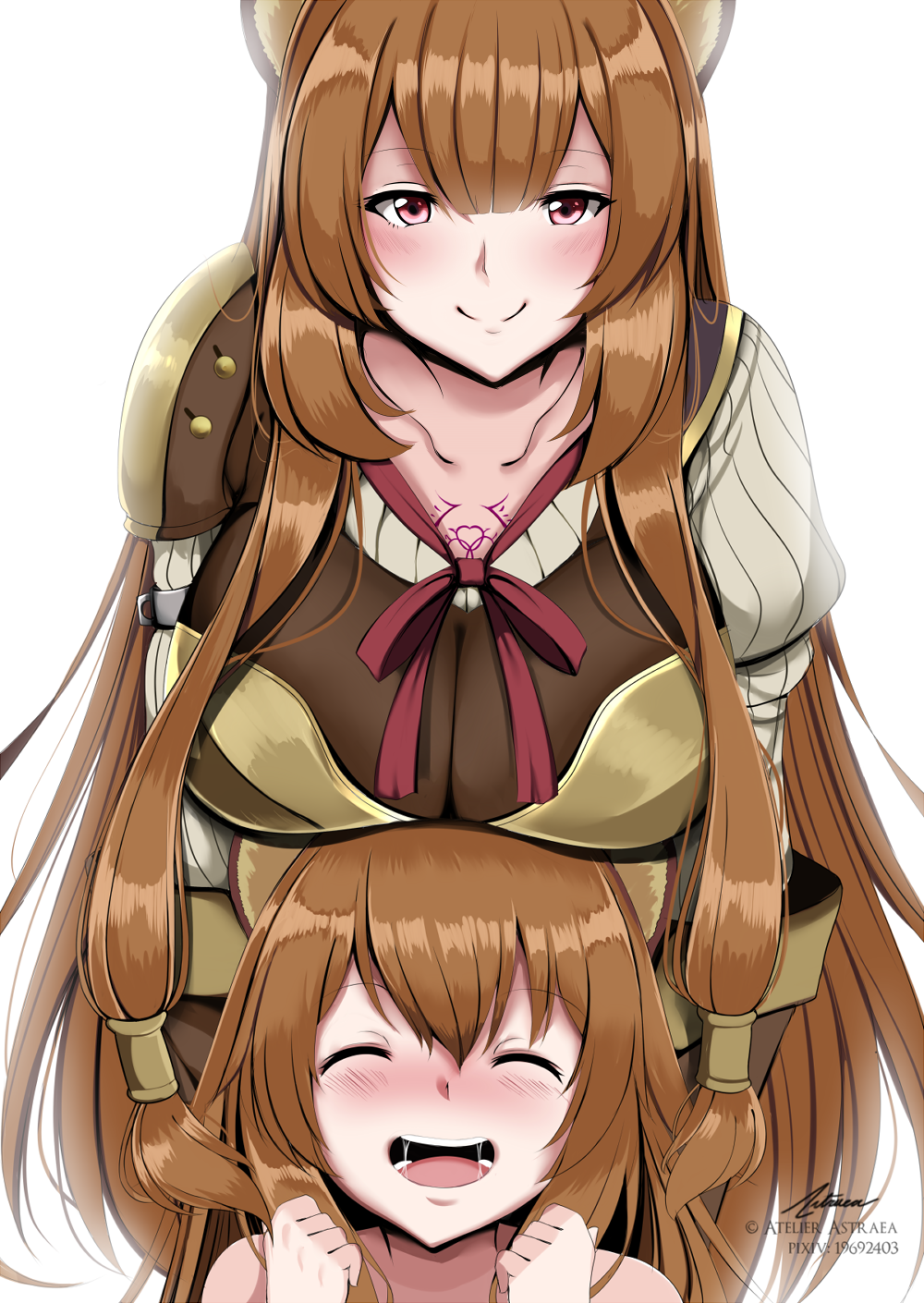 2girls, ^_^, ^o^, animal_ears, astraea_(atelierastraea), bangs, blunt_bangs, blush