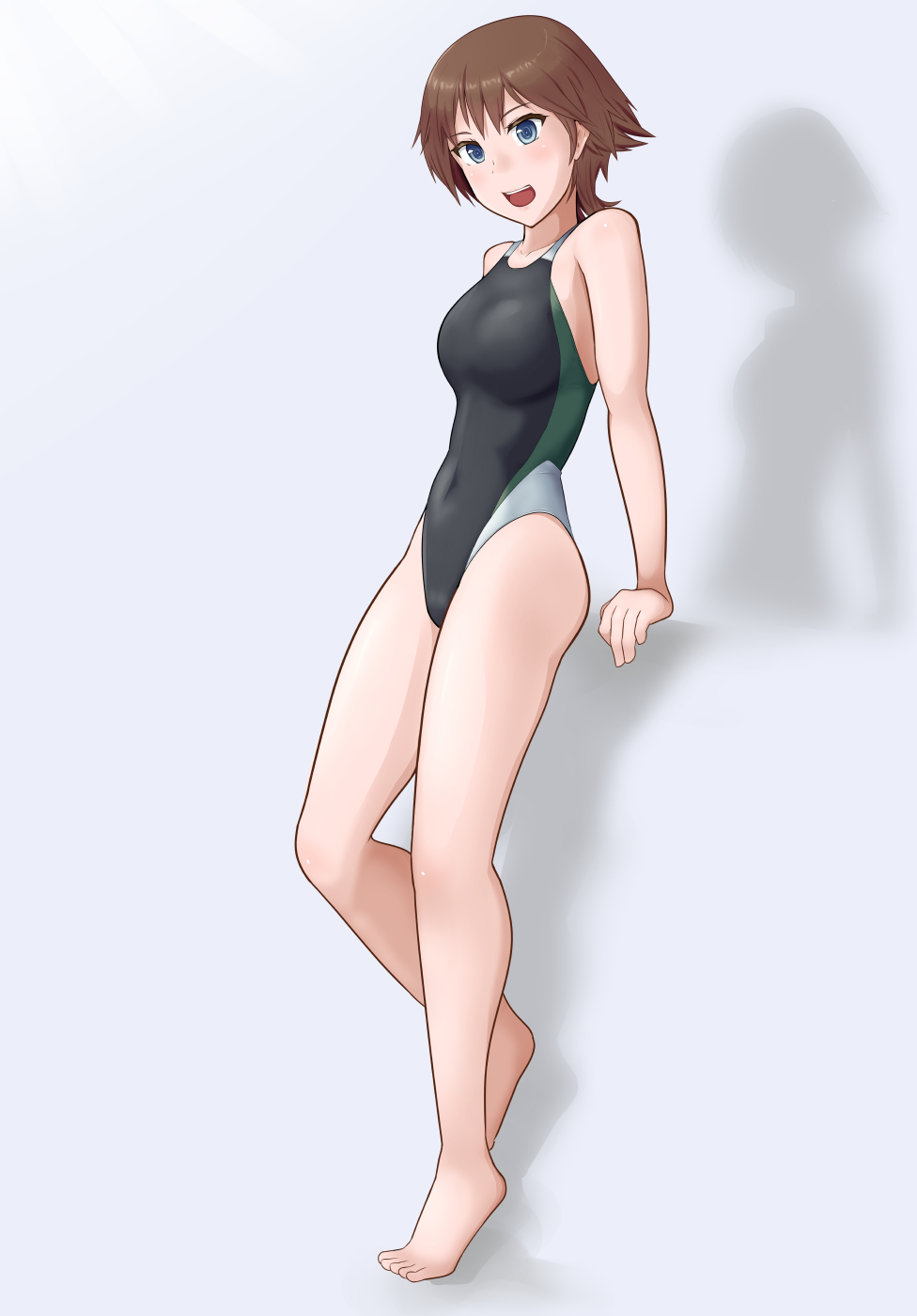 1girl, alternate_costume, arm_support, bare_legs, barefoot, black_swimsuit, breasts, brown_hair