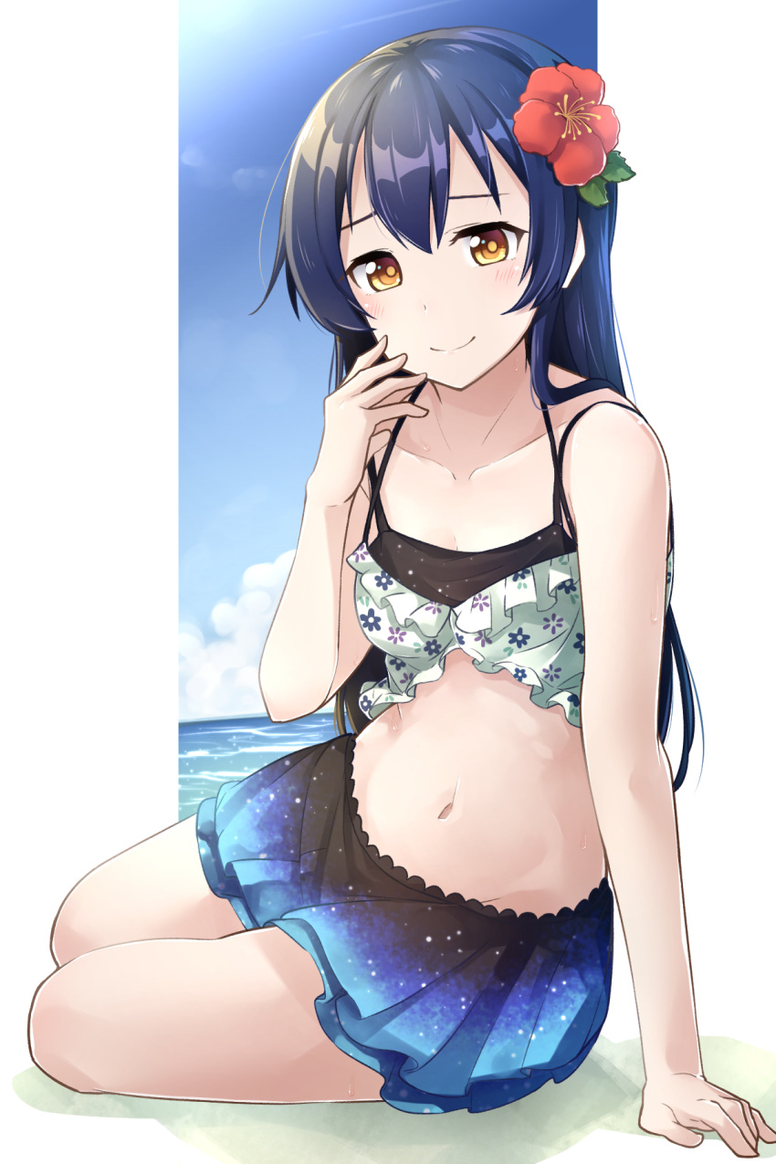 1girl, arm_support, bangs, bikini, bikini_skirt, blue_hair, blush, commentary_request