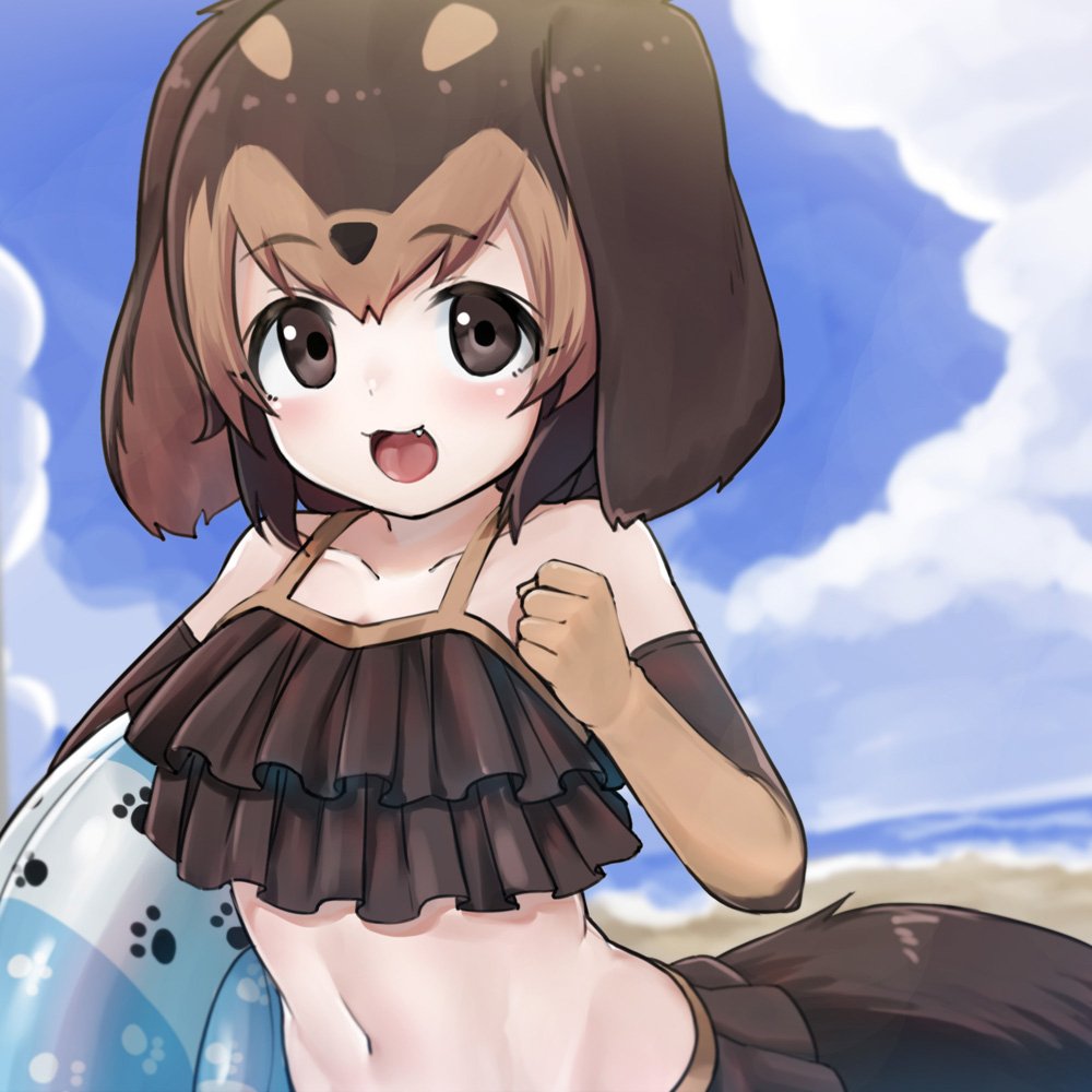 1girl, :3, adapted_costume, animal_ears, animal_print, bare_shoulders, beach, bikini, bikini_skirt, blush, brown_bikini, brown_eyes, brown_hair, collarbone, commentary_request, dachshund_(kemono_friends)_(nyifu), dog_ears, dog_print, dog_tail, elbow_gloves, eyebrows_visible_through_hair, fang, frilled_bikini, frills, gloves, innertube, kemono_friends, light_brown_hair, midriff, multicolored_hair, navel, nyifu, ocean, open_mouth, original, original_character, original_fan_character, paw_print, print_gloves, short_hair, sleeveless, solo, swimsuit, tail