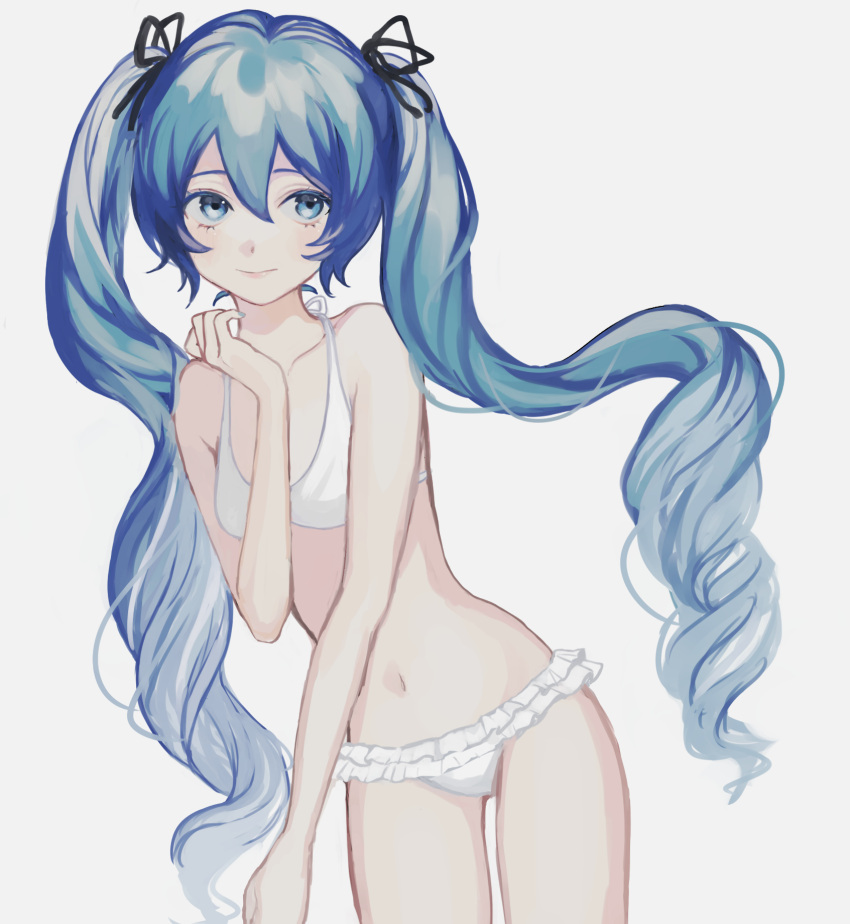 1girl, bare_arms, bare_shoulders, black_ribbon, blue_eyes, blue_hair, blue_nails, breasts