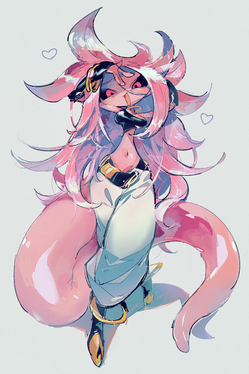 1girl, :d, abstract, absurdly_long_hair, android_21, anklet, arms_up, baggy_pants