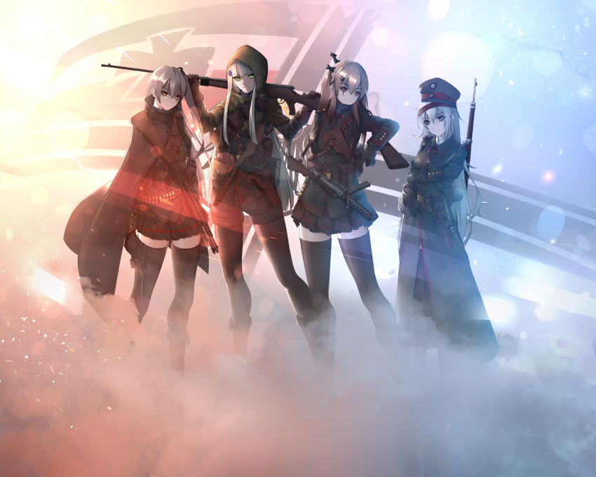 404_(girls_frontline), 4girls, artist_name, artist_request, battlefield_1, cape, commentary_request, g11_(girls_frontline)