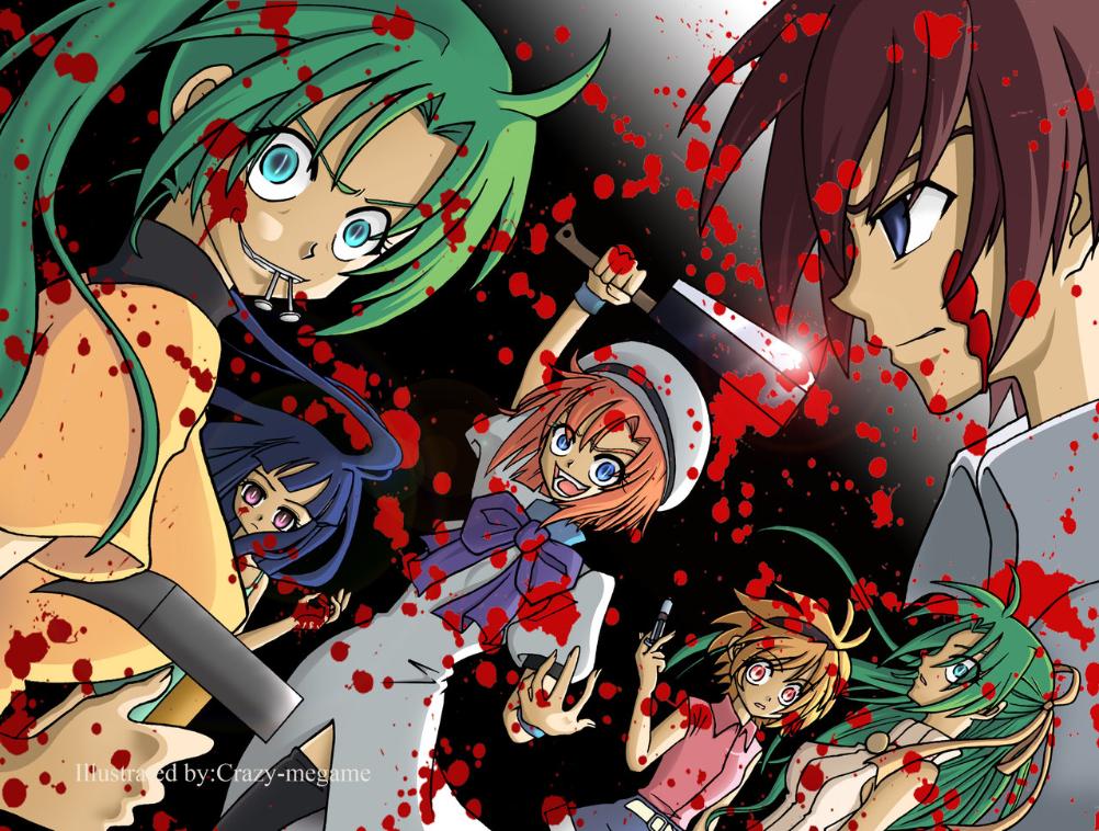 blood, crazy-megame, dress, furude_rika, hammer, higurashi_no_naku_koro_ni, houjou_satoko, maebara_keiichi