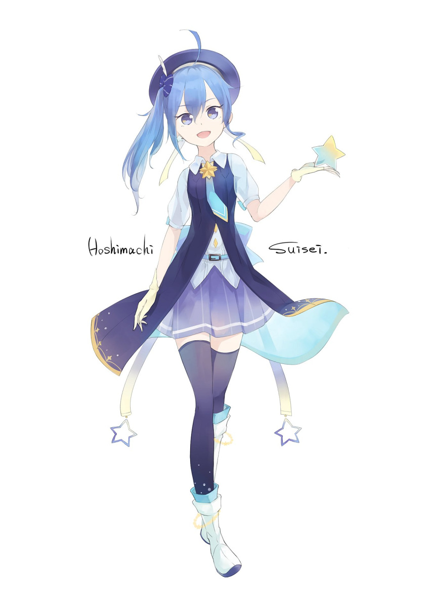 1girl, ahoge, bangs, belt, belt_buckle, beret, blue_eyes, blue_hair