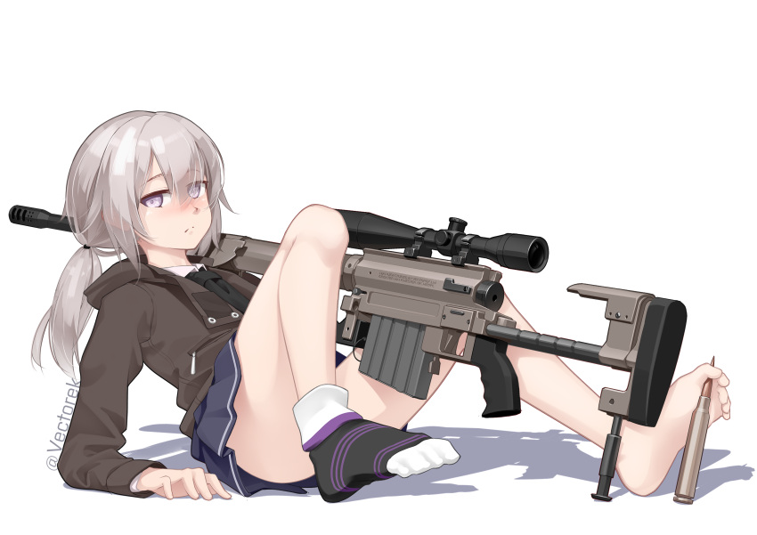 1girl, absurdres, bare_legs, barefoot, between_toes, bolt_action, cheytac_m200, commentary