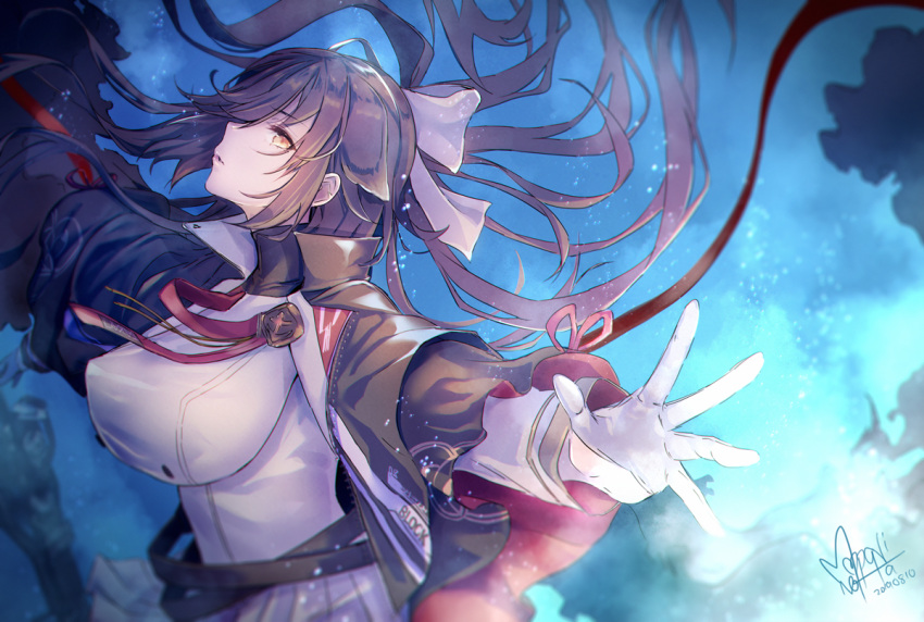 1girl, azur_lane, bangs, black_coat, black_hair, bow, breasts, brown_eyes