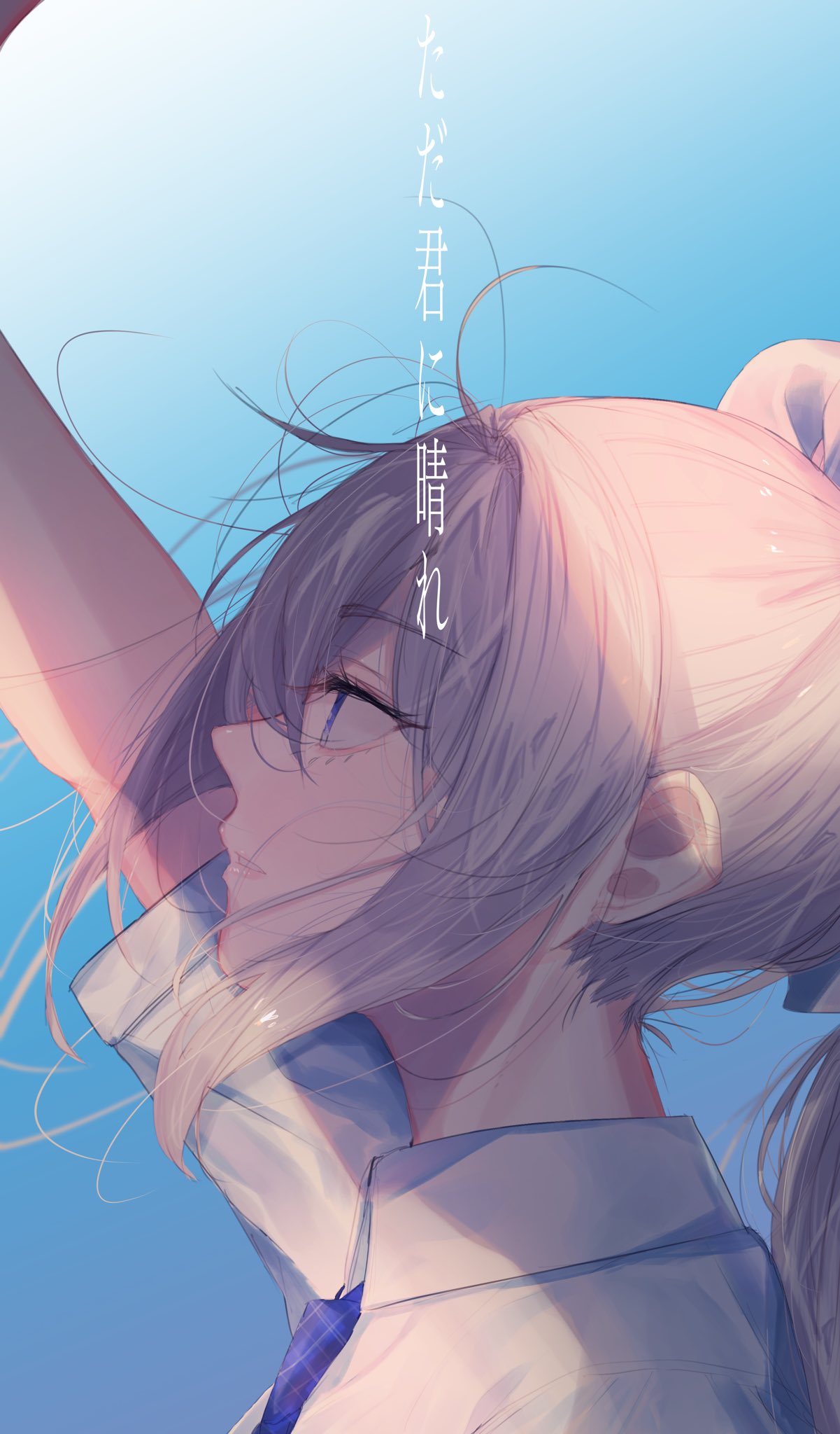 1girl, arm_up, blue_background, bow, dasui191023, from_side, hair_bow, highres