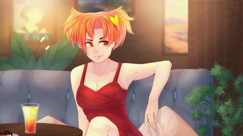 1girl, 2ch.ru, cafe, cake, couch, cup, dress, drinking_glass