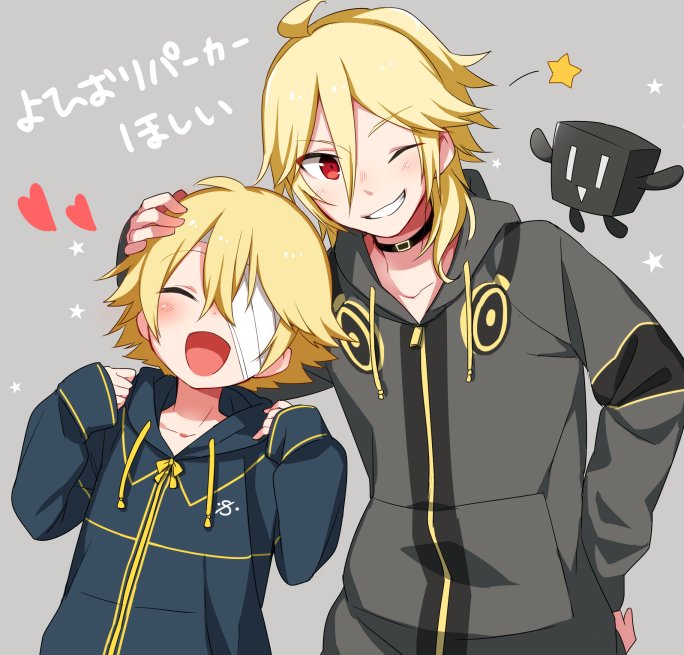 1other, 2boys, ^_^, adapted_costume, bandage_over_one_eye, bandages, blonde_hair, blue_hoodie